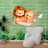 Papel de Parede Adesivo Menino Família Leão e Folhagem
