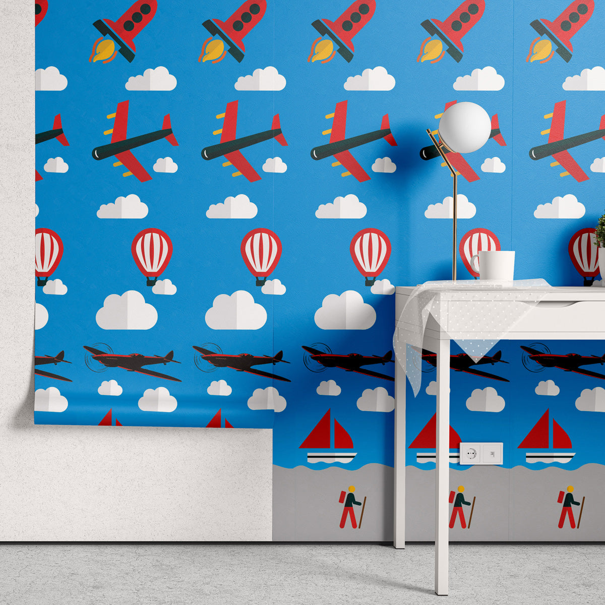 Papel de Parede Adesivo Menino Avião e Balão