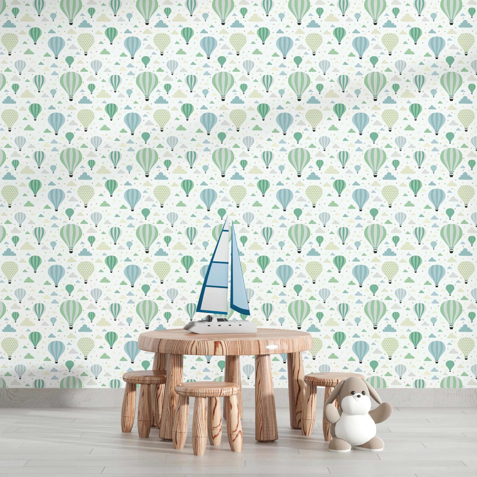 Papel de Parede Adesivo Menino Balões e Nuvens Verde