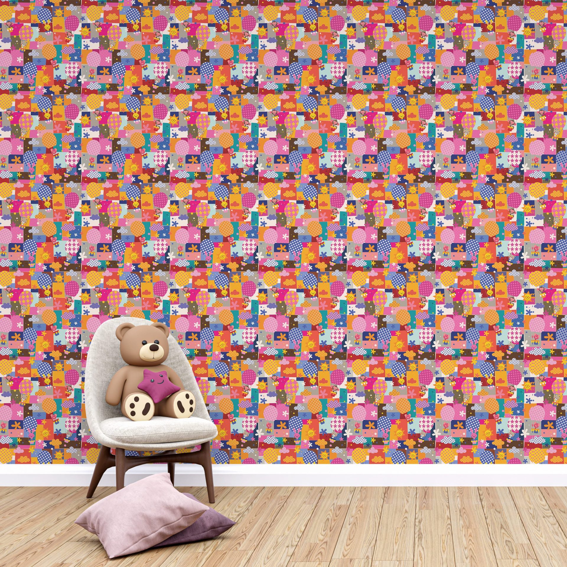 Papel de Parede Adesivo Menina Balão de Retalhos