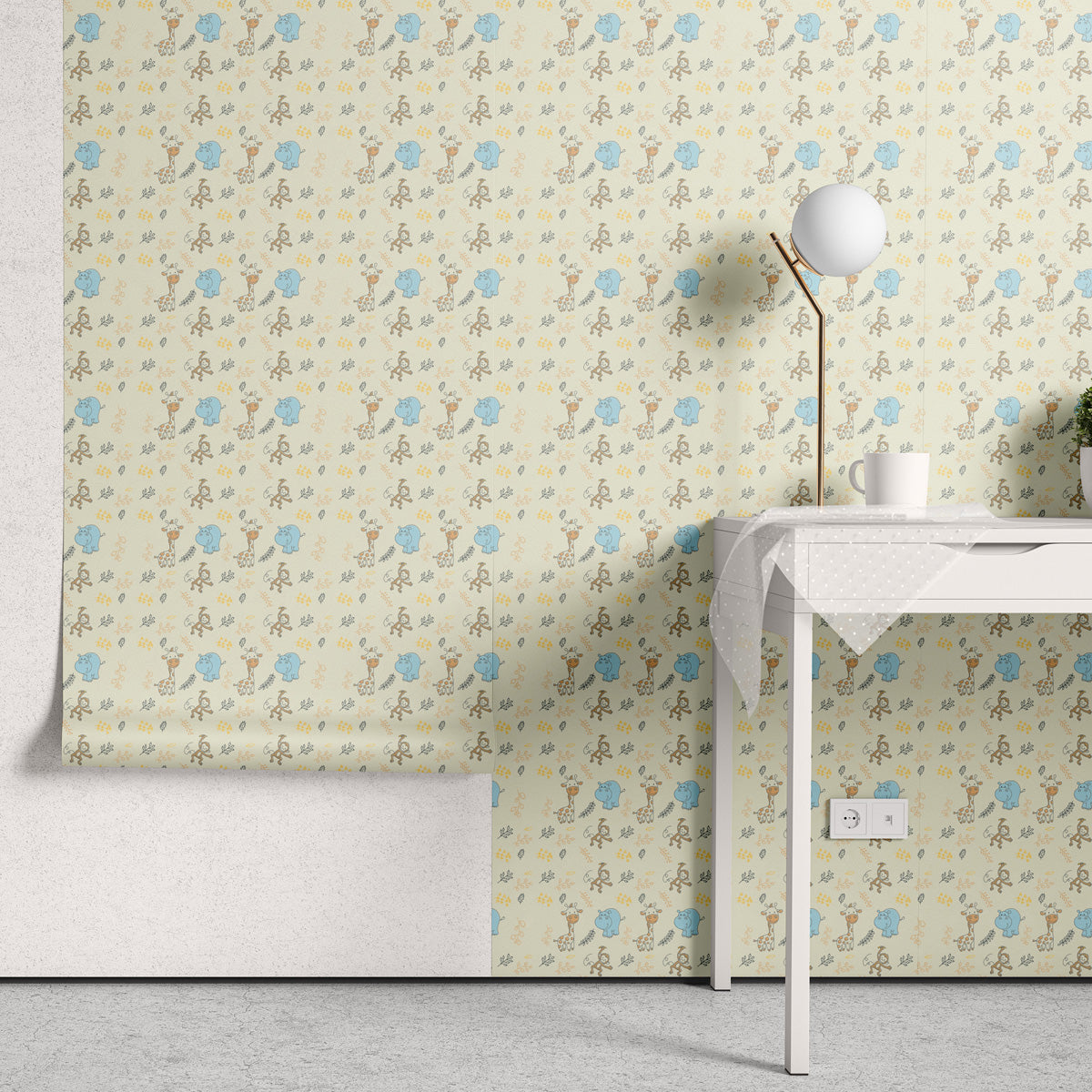 Papel de Parede Adesivo Menino Girafa e Macaco