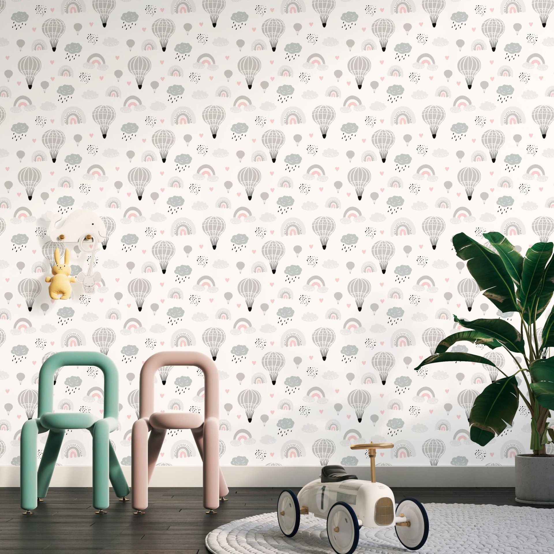 Papel de Parede Adesivo Menino Balão e Arco Iris