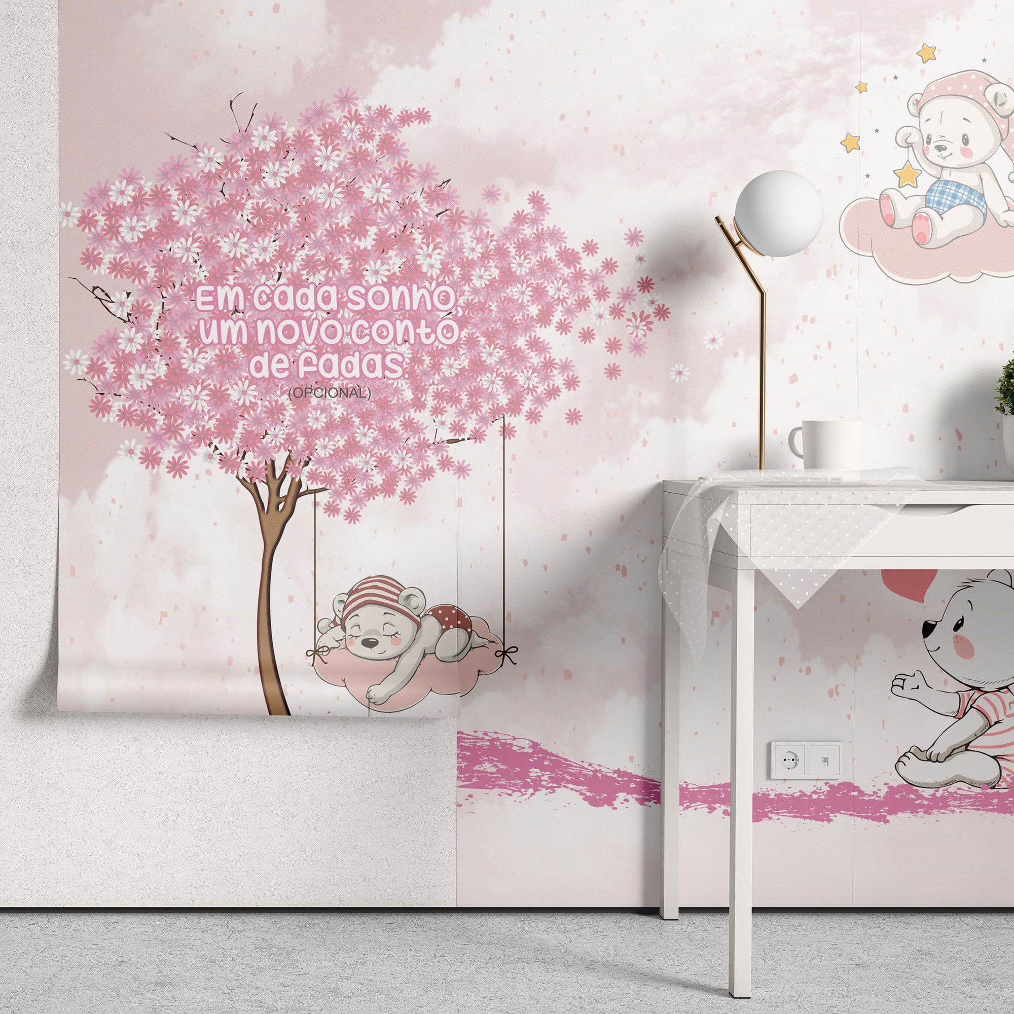 Papel de Parede Adesivo Menina Ursinho Dorminhoco