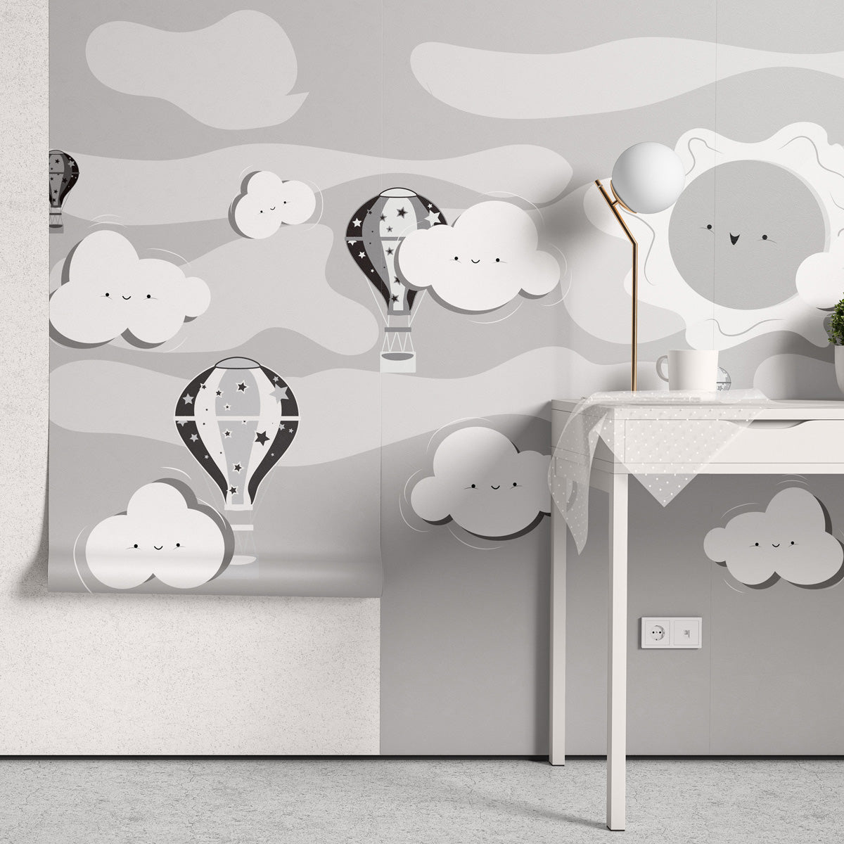 Papel de Parede Adesivo Menino Balão e Nuvens