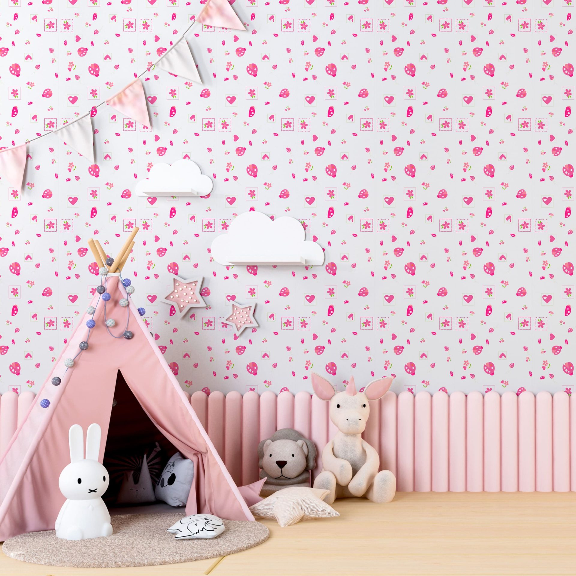 Papel de Parede Adesivo Menina Joaninha Flor