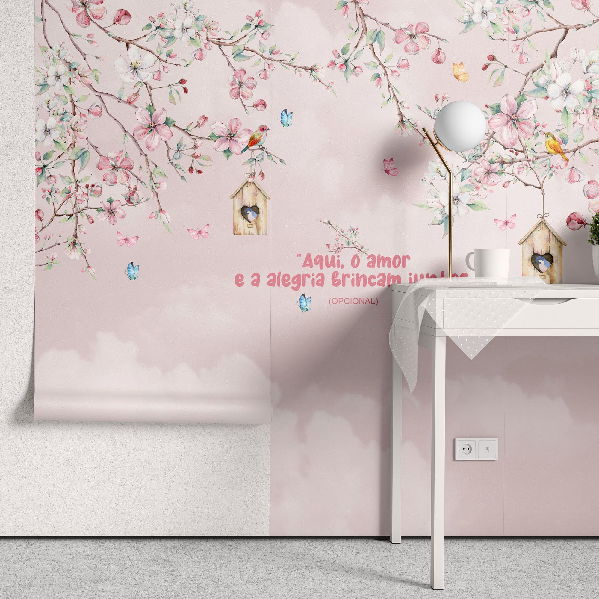 Papel de Parede Adesivo Menina Galhos de Cerejeira Floridos