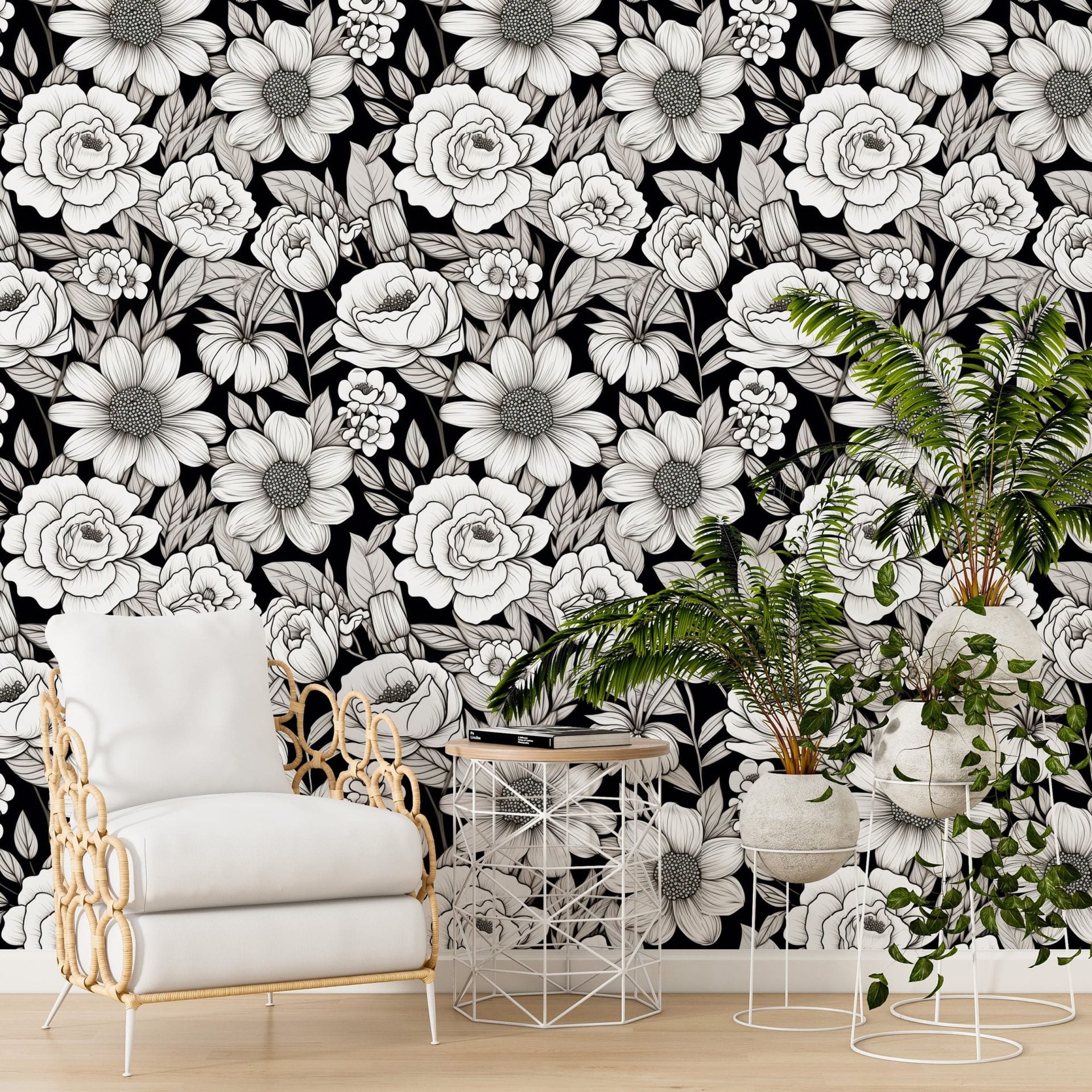 Papel de Parede Adesivo Black And White Floral 4